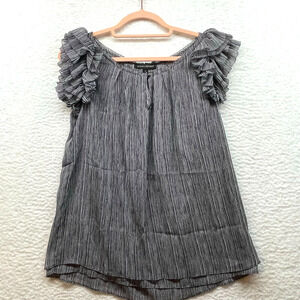 Banana Republic Womens Blouse Small Black White Striped Ruffle Chiffon Stretch